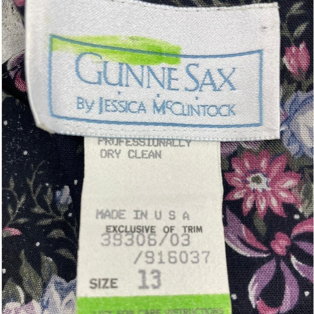 Vintage GUNNE SAX‎ (13) Dress Black Floral Puff Sleeve Cottage Lace Trad Whimsi - Picture 8 of 9